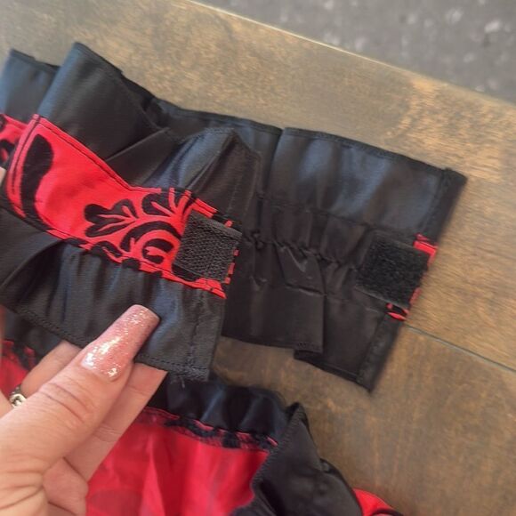 Victorian Dress Red Bow Floral Print Square Neckline Long Sleeves Matte - Picture 13 of 16